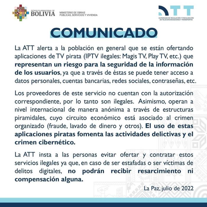 Novedades de comunicado de ATT para magis tv bolivia